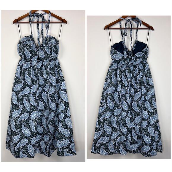 J.Crew Collection Blue Floral Halter Midi Dress size 6 Open Back Tie Neck - Picture 2 of 9